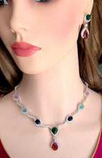 Silver Plated CZ Teardrop Necklace & Earrings Set – Bridal Wedding Jewelry, Multicolor, Green or Blue