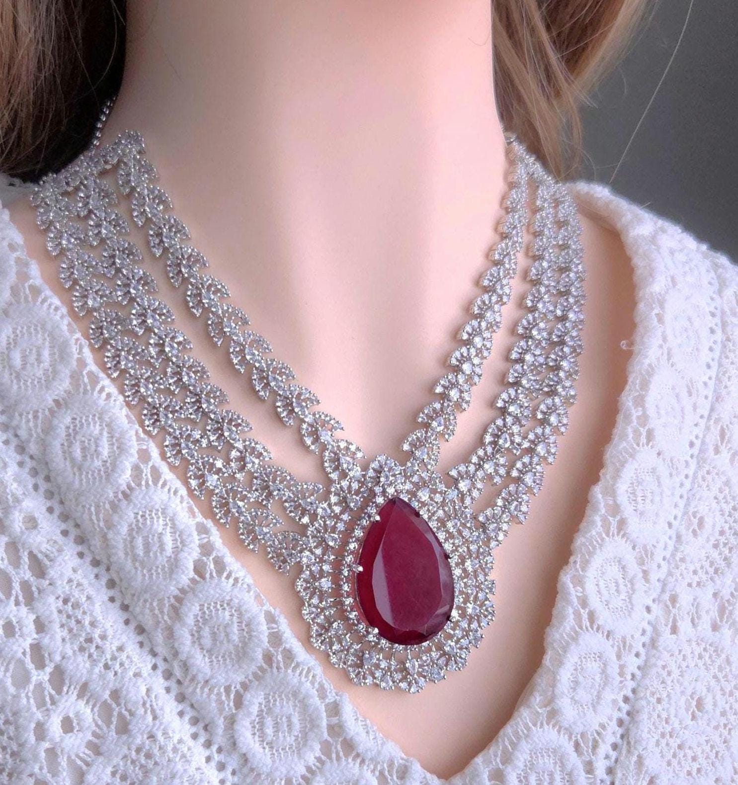 Ruby Red Layered CZ Necklace Set | Silver Plated Bridal Statement Jewelry