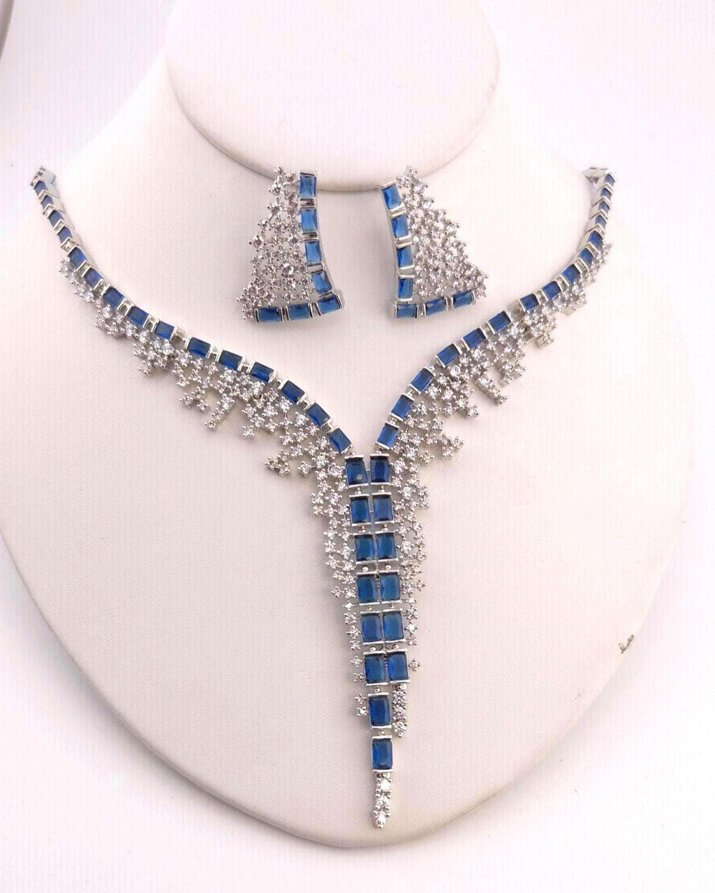 Blue Cubic Zirconia Bridal Necklace Set with Earrings, Silver-Tone Statement Jewelry