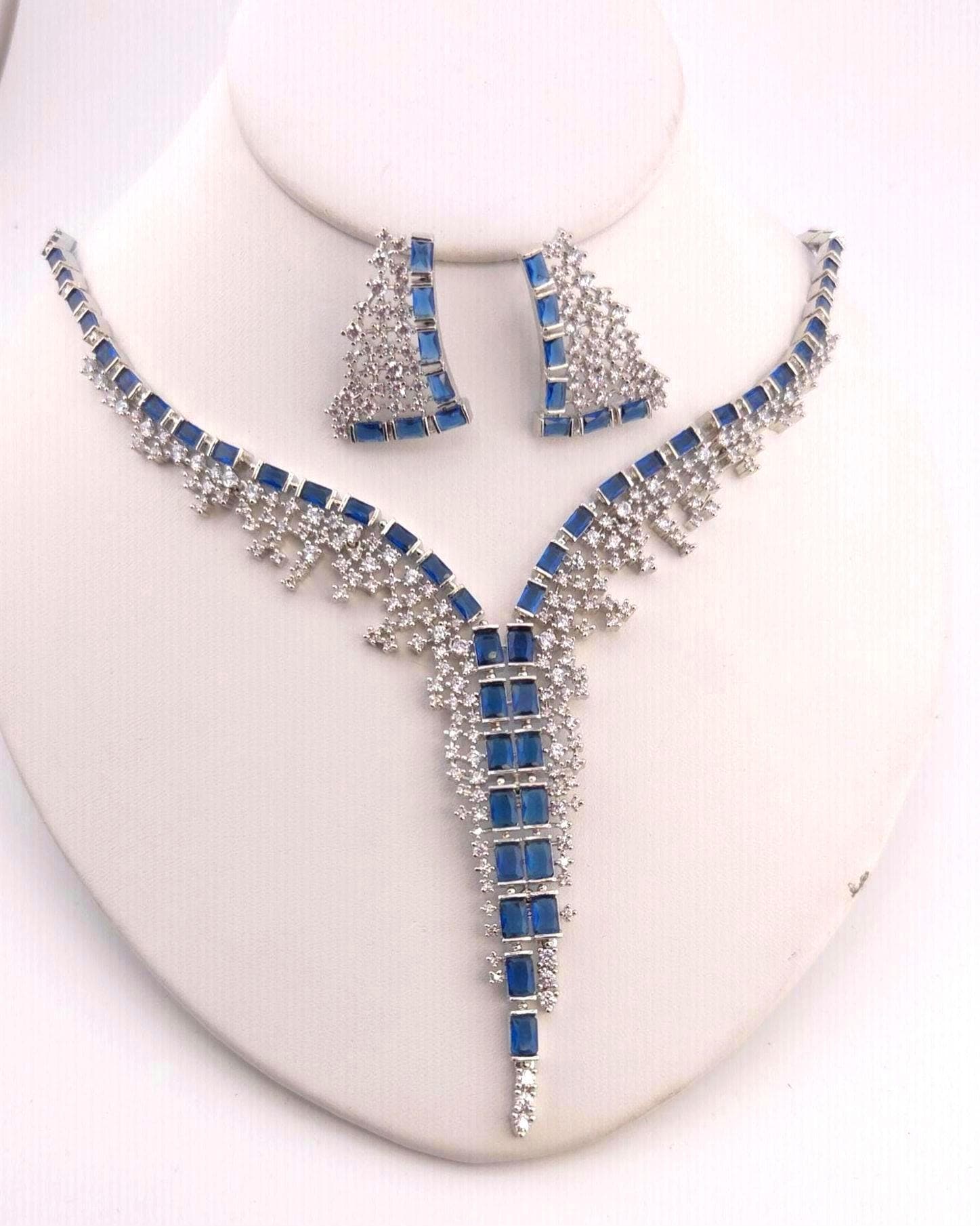 Blue Cubic Zirconia Bridal Necklace Set with Earrings, Silver-Tone Statement Jewelry