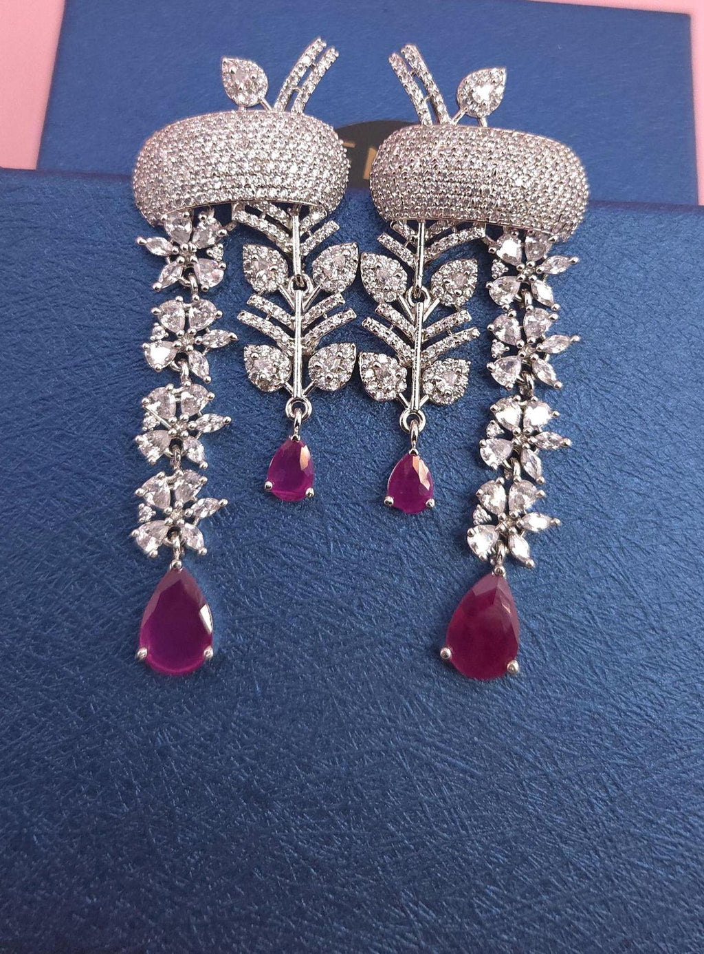 Indian Bridal Necklace Set | Silver Finish American Diamond Leaf Design with Earrings