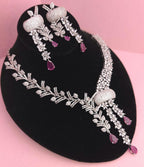 Indian Bridal Necklace Set | Silver Finish American Diamond Leaf Design with Earrings