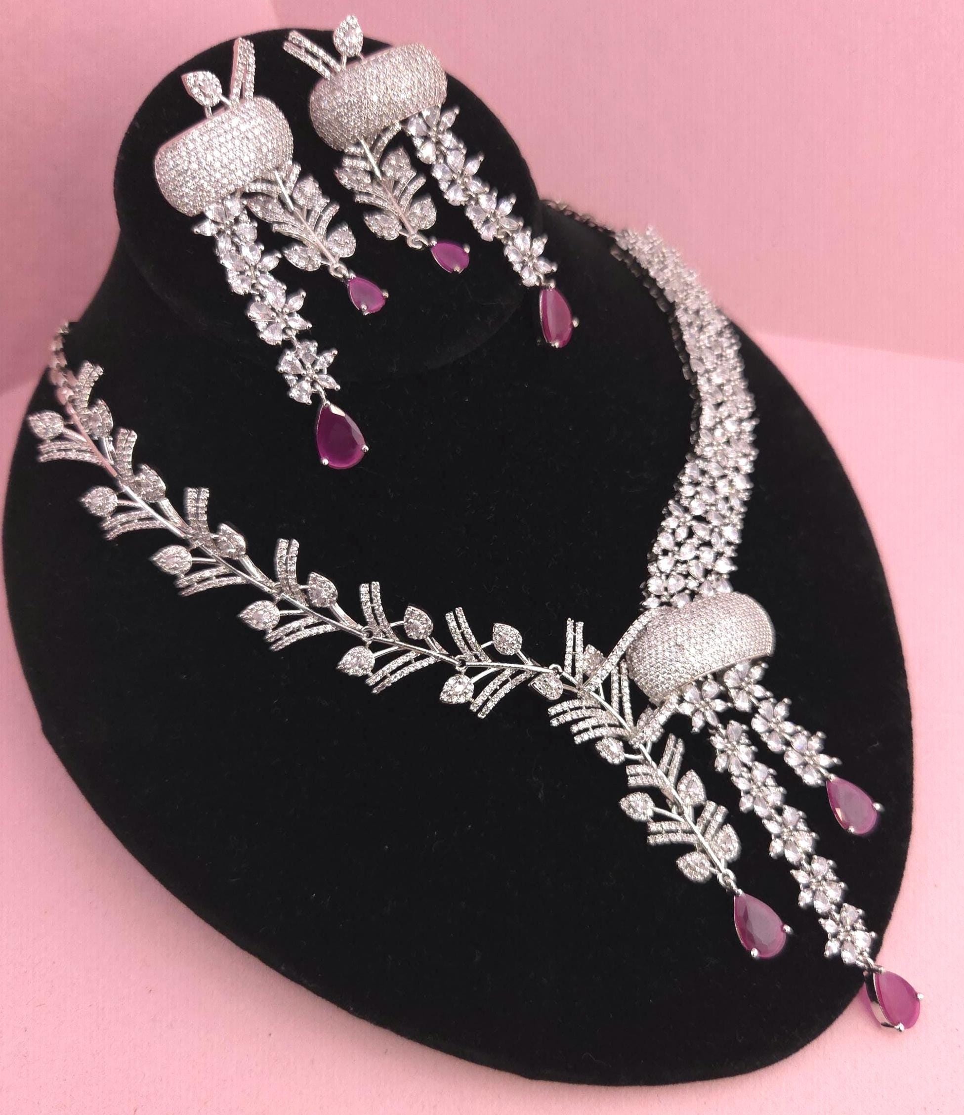 Indian Bridal Necklace Set | Silver Finish American Diamond Leaf Design with Earrings
