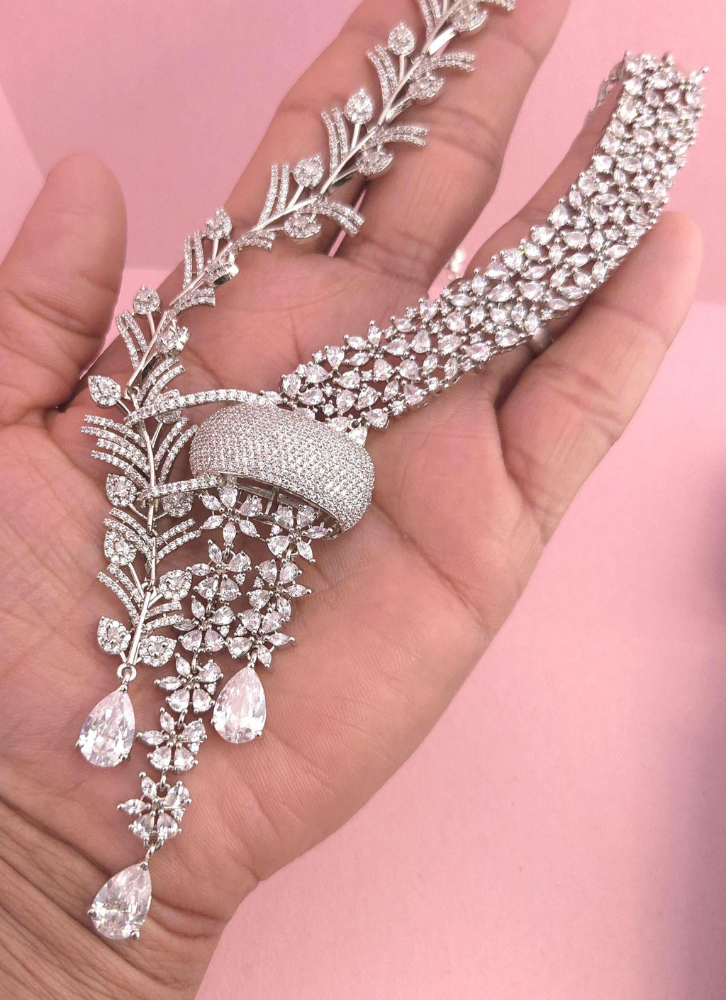 Indian Bridal Necklace Set | Silver Finish American Diamond Leaf Design with Earrings