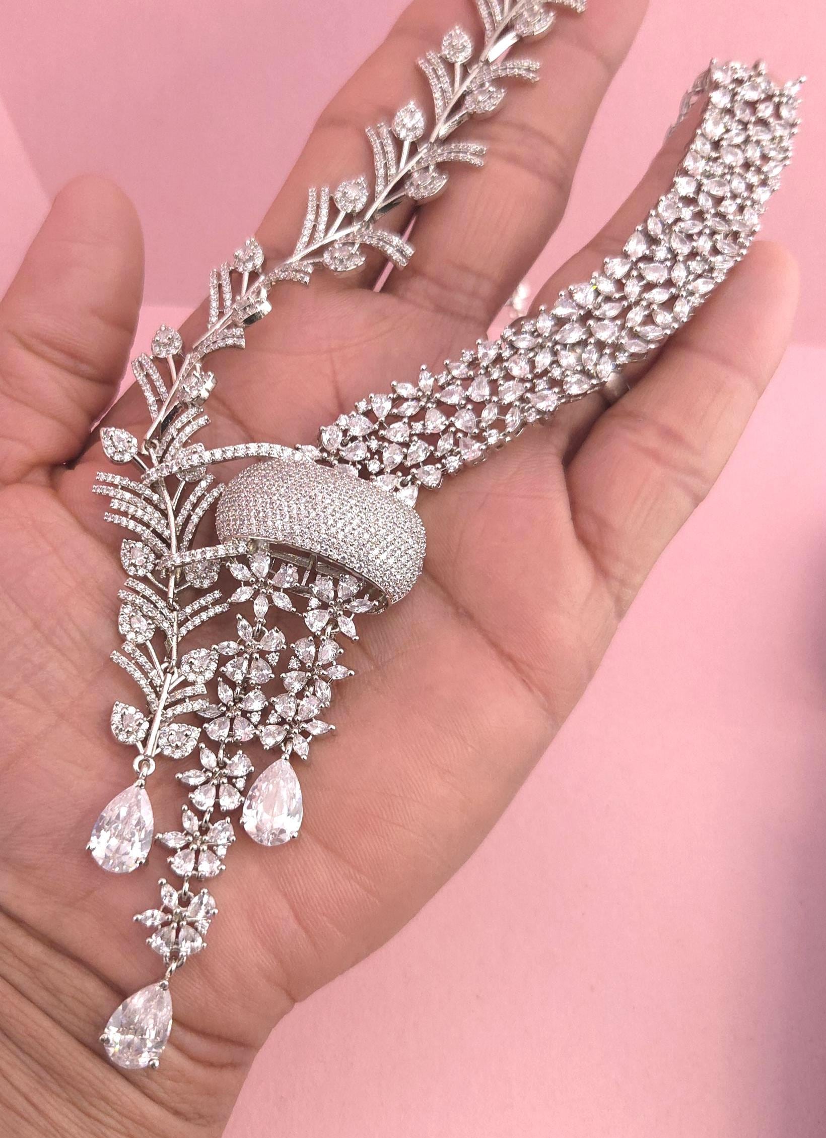 Indian Bridal Necklace Set | Silver Finish American Diamond Leaf Design with Earrings
