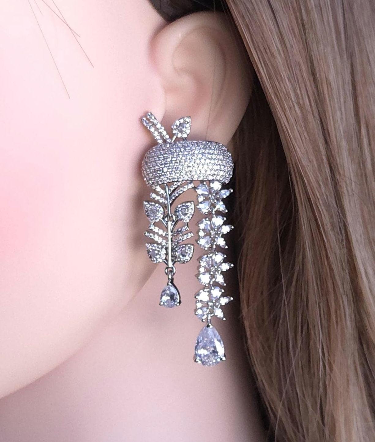 Indian Bridal Necklace Set | Silver Finish American Diamond Leaf Design with Earrings