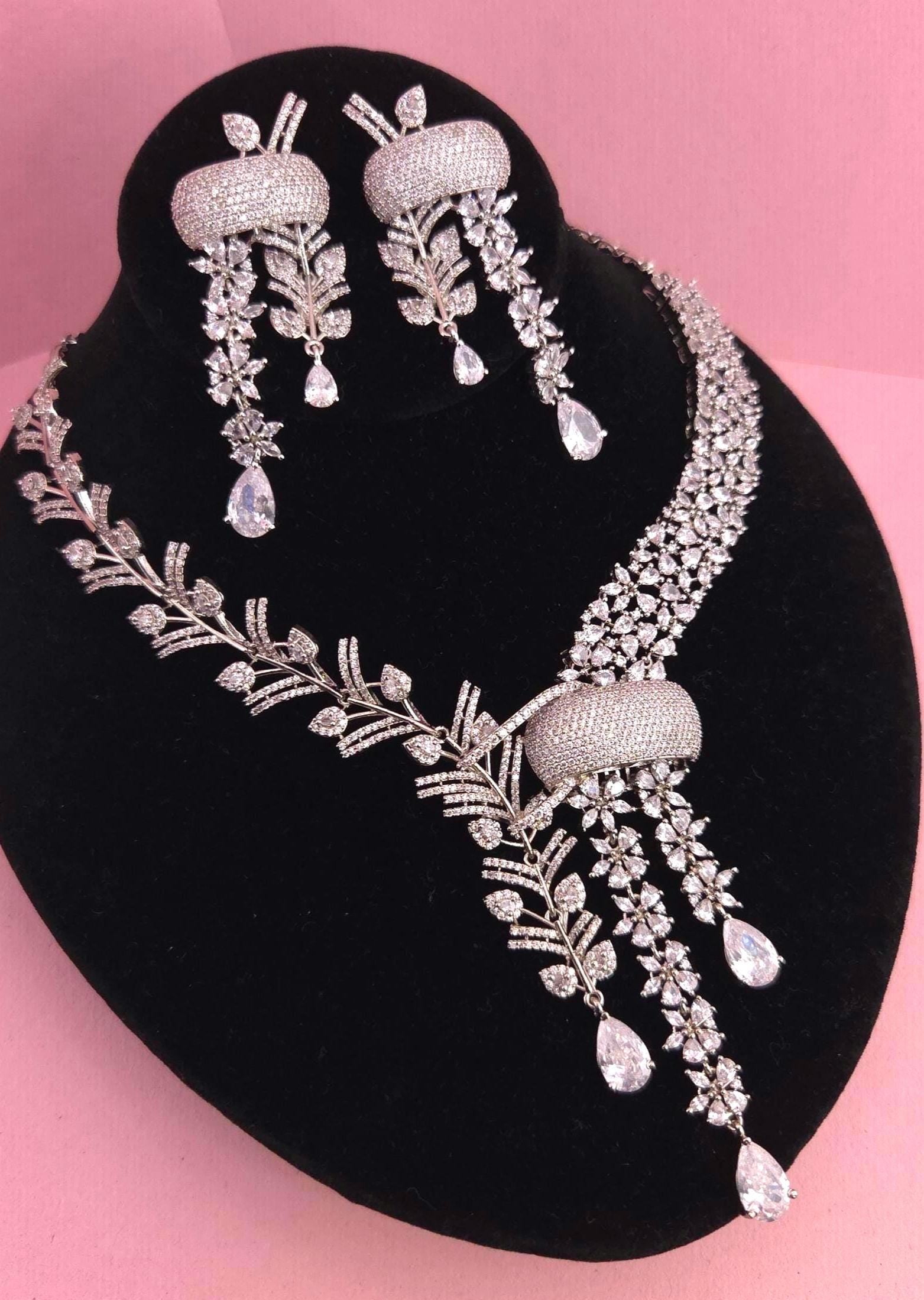 Indian Bridal Necklace Set | Silver Finish American Diamond Leaf Design with Earrings