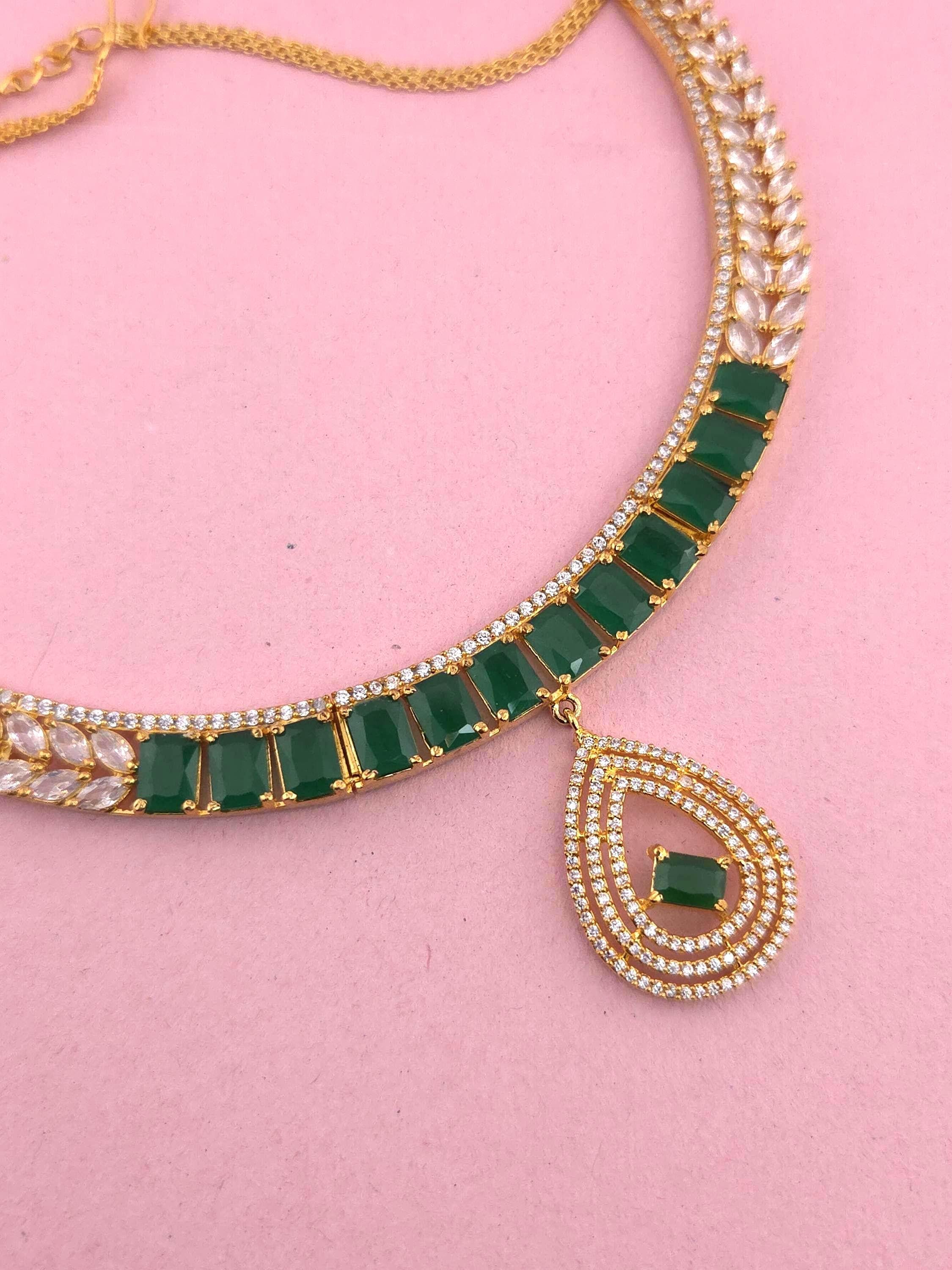 Emerald Green CZ Choker Necklace Set, Gold Plated Bridal Statement Jewelry