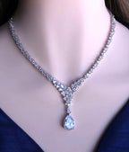 Teardrop Cubic Zirconia Y Necklace Set, Bridal Wedding Jewelry with Matching Earrings