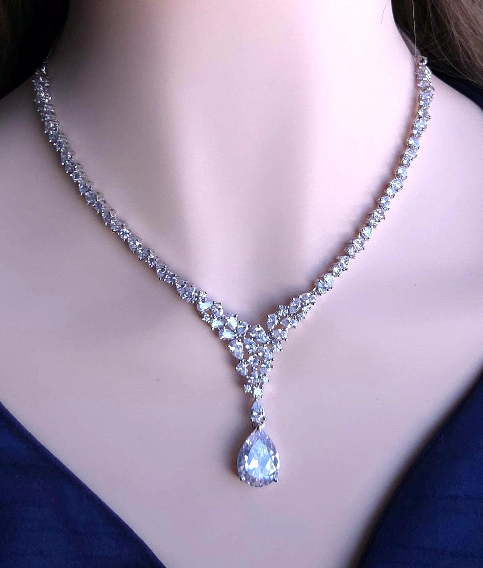 Teardrop Cubic Zirconia Y Necklace Set, Bridal Wedding Jewelry with Matching Earrings