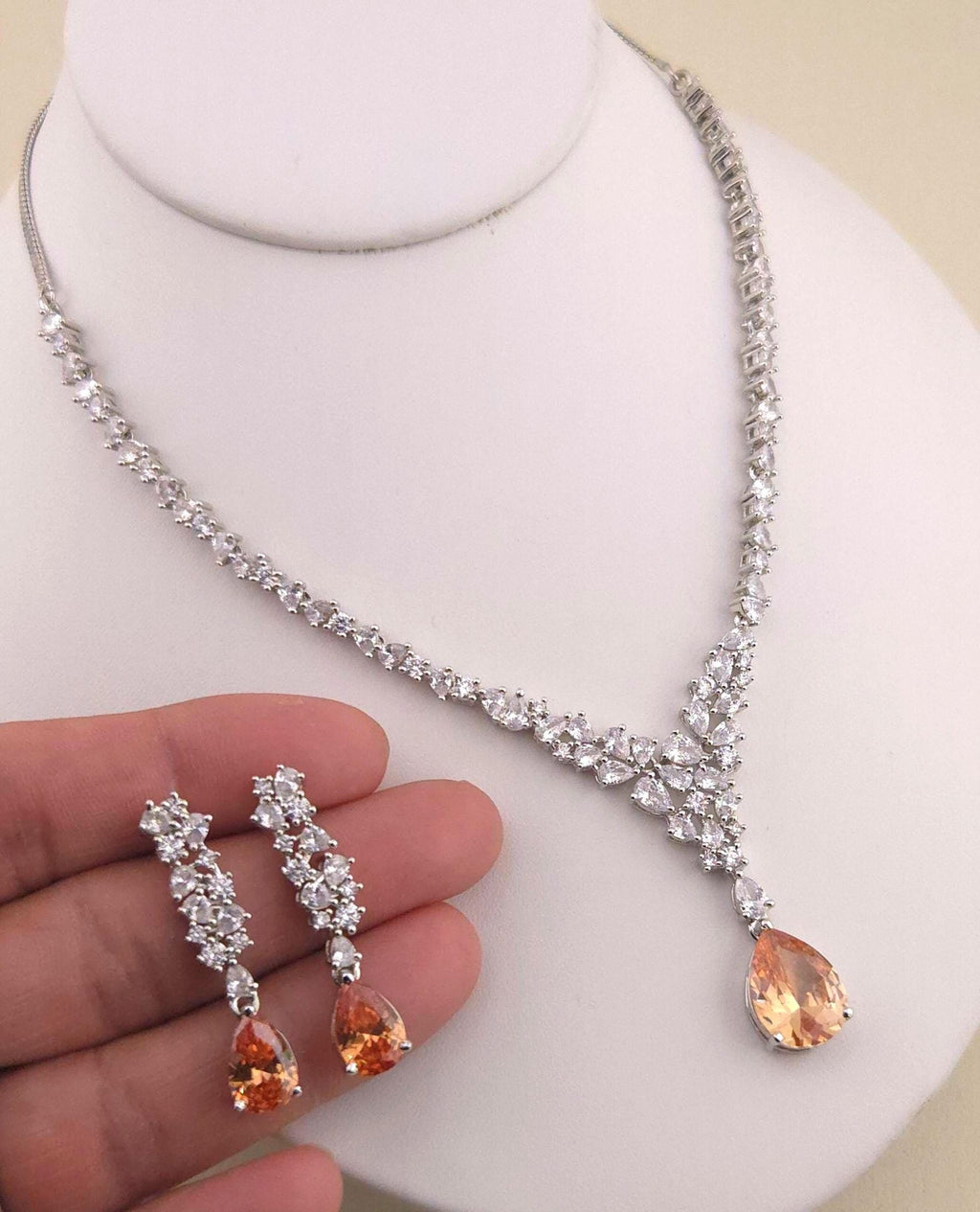 Teardrop Cubic Zirconia Y Necklace Set, Bridal Wedding Jewelry with Matching Earrings