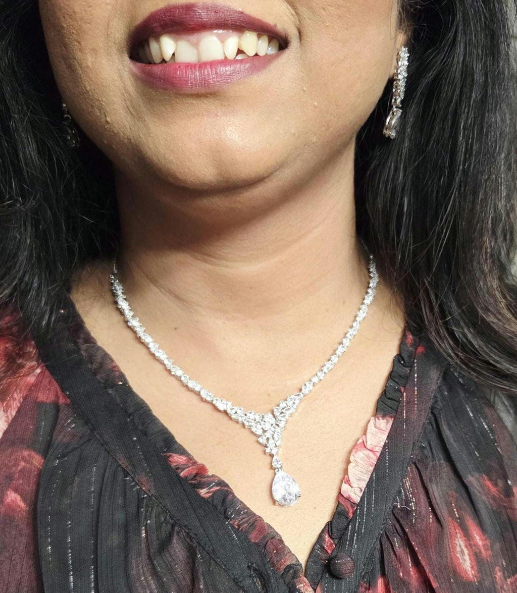 Teardrop Cubic Zirconia Y Necklace Set, Bridal Wedding Jewelry with Matching Earrings