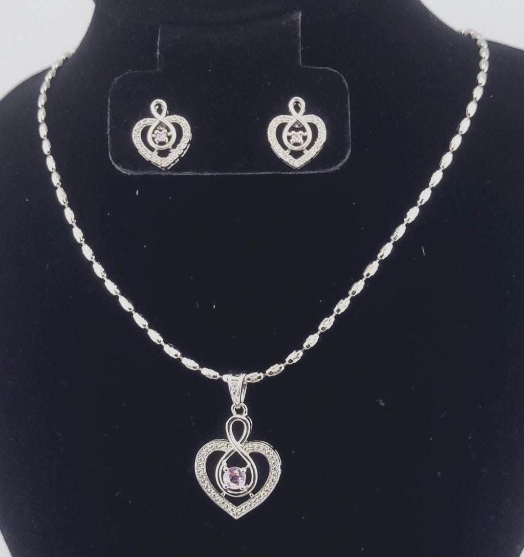 Heart CZ Pendant Necklace & Earrings Set – Pink or Clear, Silver Tone