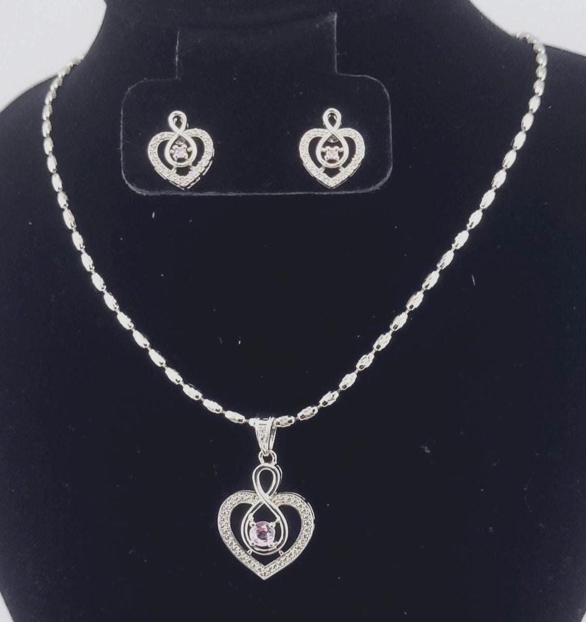 Heart CZ Pendant Necklace & Earrings Set – Pink or Clear, Silver Tone