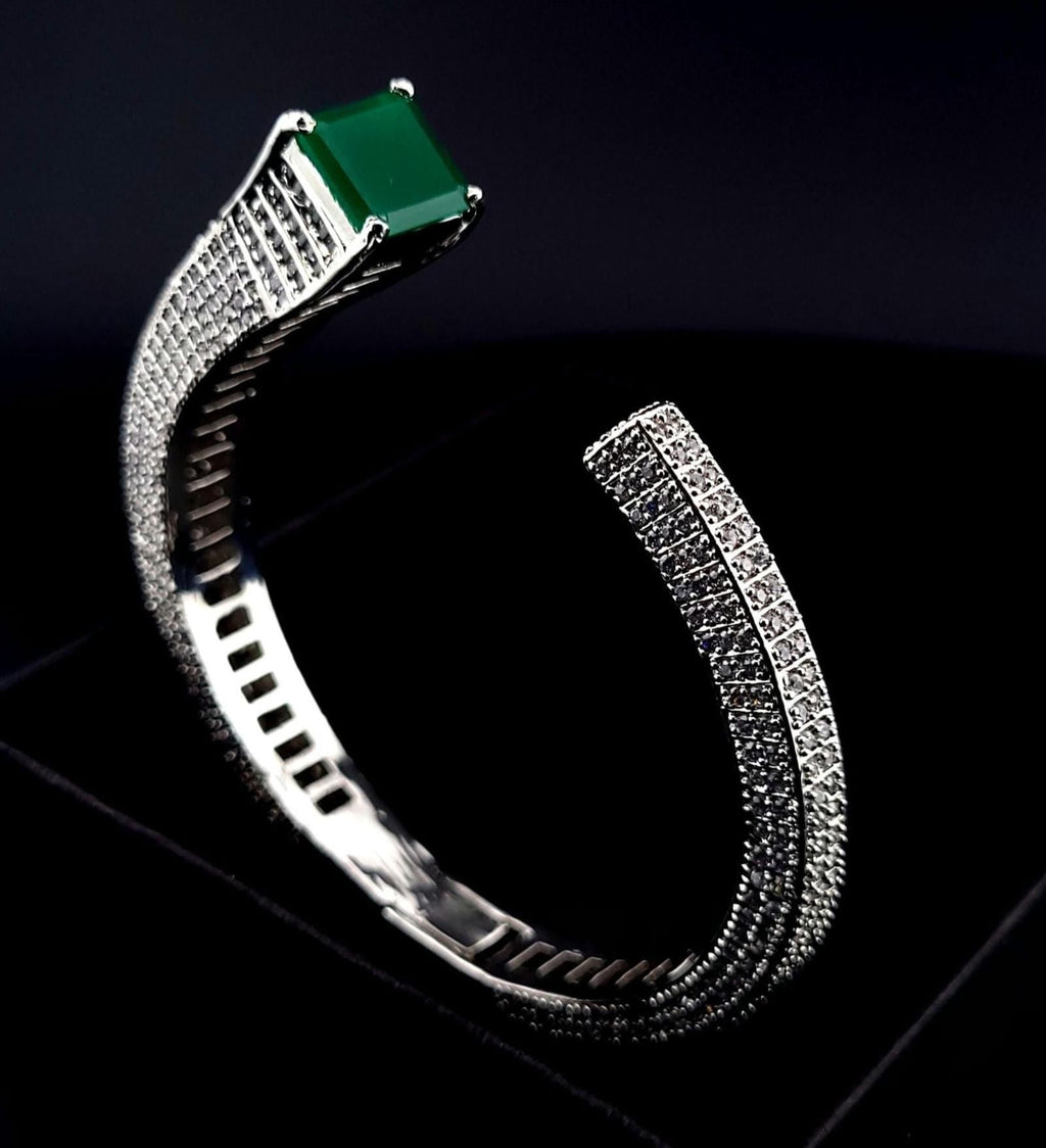 Silver Plated CZ Open Cuff Bracelet – Adjustable Wedding Bangle, Green or Black