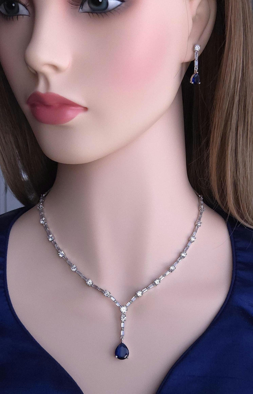 Blue Teardrop Cubic Zirconia Necklace Earrings Set | Silver Plated CZ Jewelry