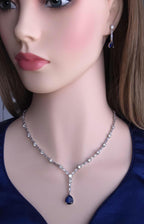 Blue Teardrop Cubic Zirconia Necklace Earrings Set | Silver Plated CZ Jewelry