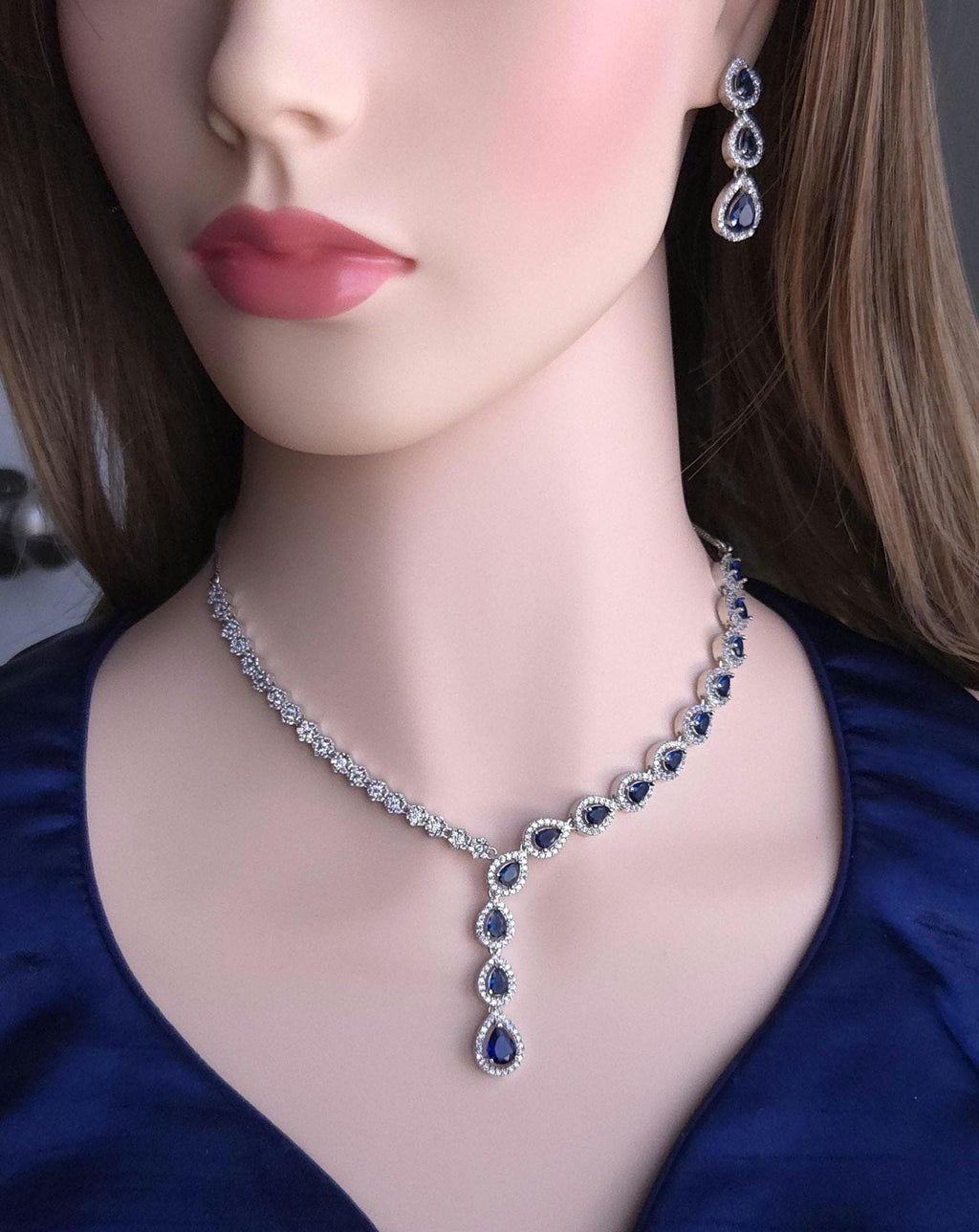 Teardrop CZ Y Necklace & Earring Set | Silver Plated | Silver, Blue & Yellow