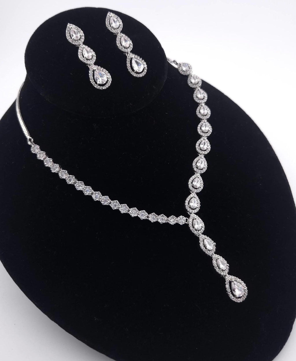 Teardrop CZ Y Necklace & Earring Set | Silver Plated | Silver, Blue & Yellow