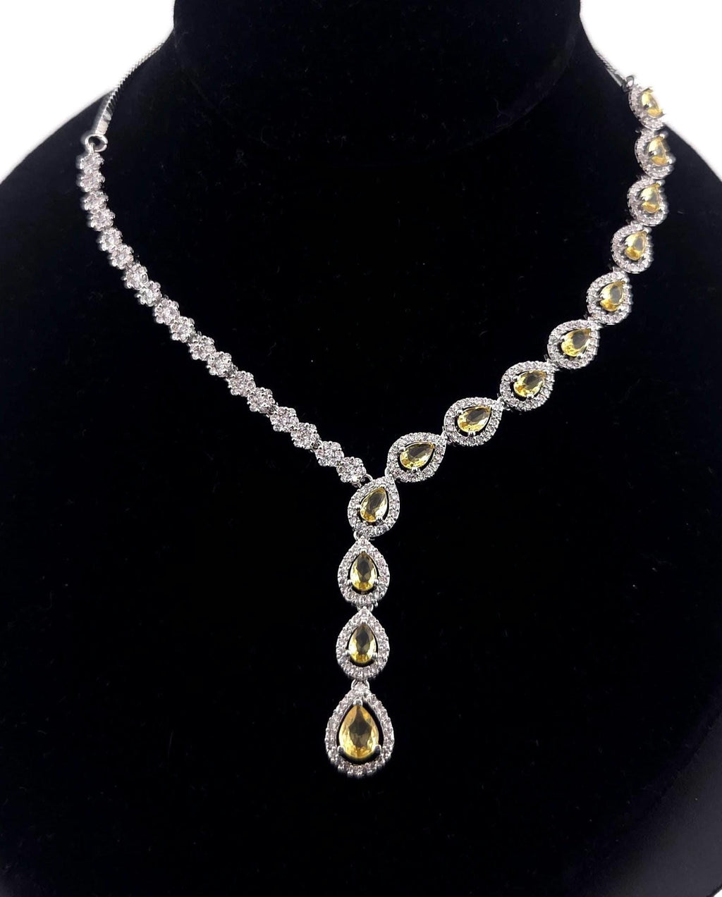 Teardrop CZ Y Necklace & Earring Set | Silver Plated | Silver, Blue & Yellow