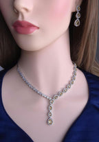 Teardrop CZ Y Necklace & Earring Set | Silver Plated | Silver, Blue & Yellow