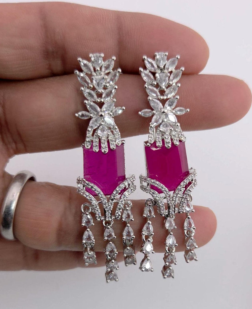 Ruby Red Cubic Zirconia Necklace Earrings Set | Silver Plated Bridal Statement Jewelry