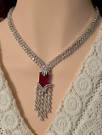 Ruby Red Cubic Zirconia Necklace Earrings Set | Silver Plated Bridal Statement Jewelry