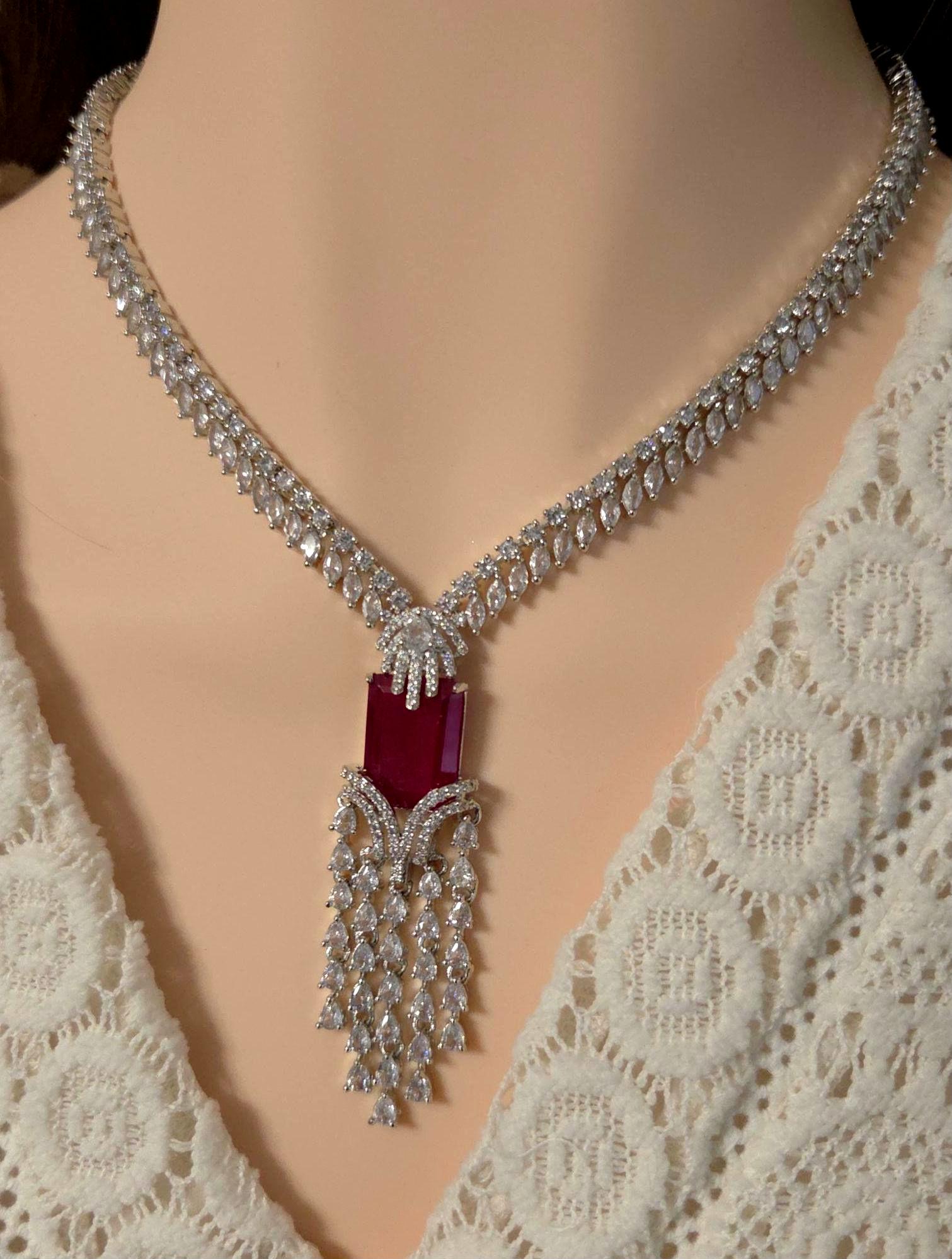 Ruby Red Cubic Zirconia Necklace Earrings Set | Silver Plated Bridal Statement Jewelry