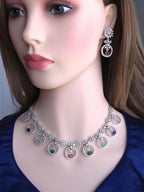 Statement CZ Necklace Set with Multi-Color Stones | Silver Plated Bridal Jewelry