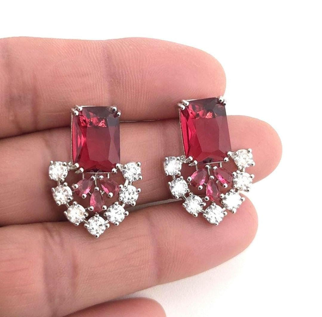 Ruby Red & Purple Emerald-Cut CZ Choker Necklace Set, Silver Bridal Statement Jewelry