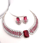 Ruby Red & Purple Emerald-Cut CZ Choker Necklace Set, Silver Bridal Statement Jewelry