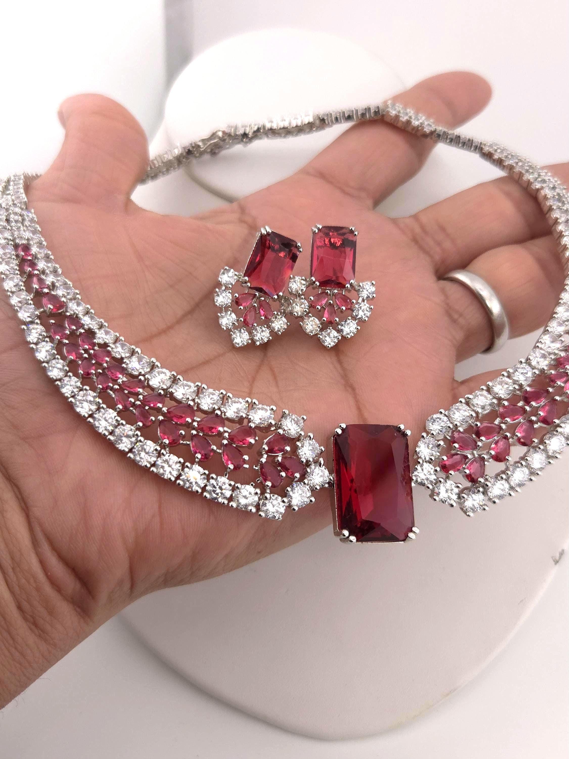 Ruby Red & Purple Emerald-Cut CZ Choker Necklace Set, Silver Bridal Statement Jewelry