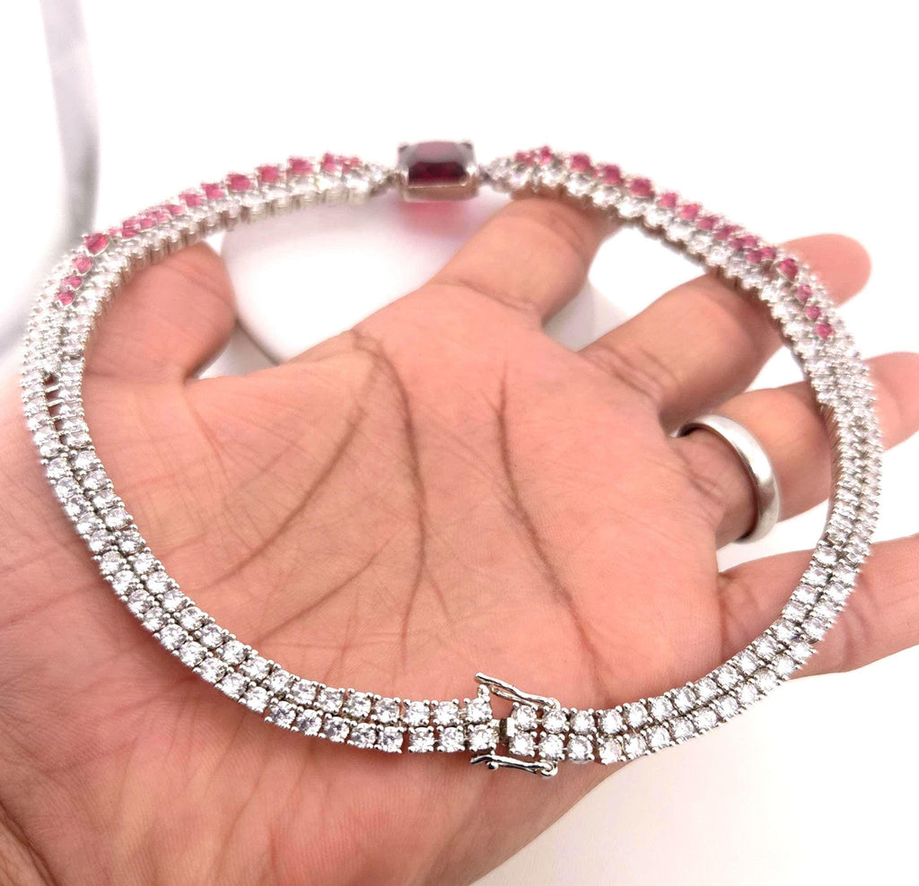 Ruby Red & Purple Emerald-Cut CZ Choker Necklace Set, Silver Bridal Statement Jewelry