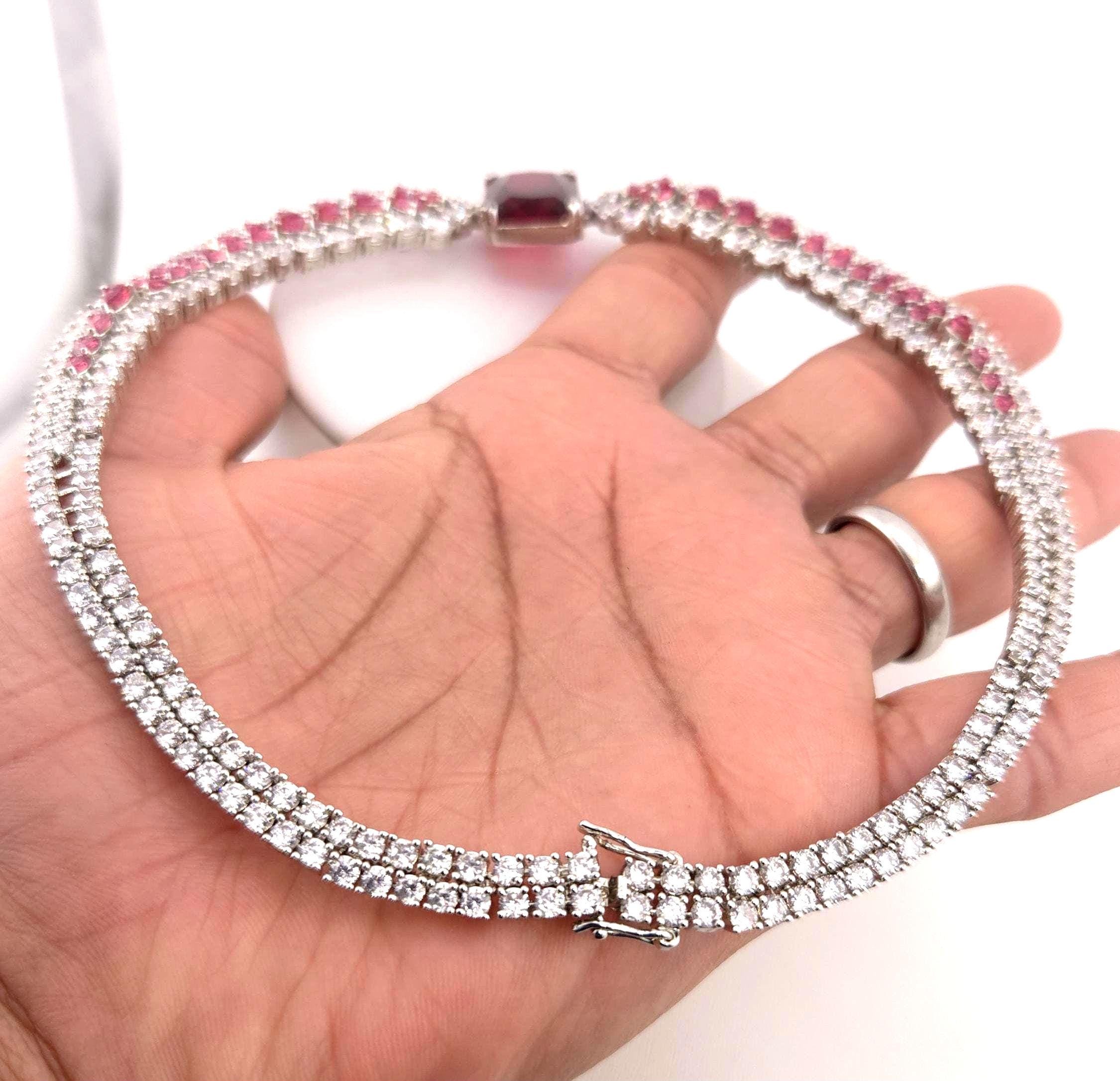 Ruby Red & Purple Emerald-Cut CZ Choker Necklace Set, Silver Bridal Statement Jewelry