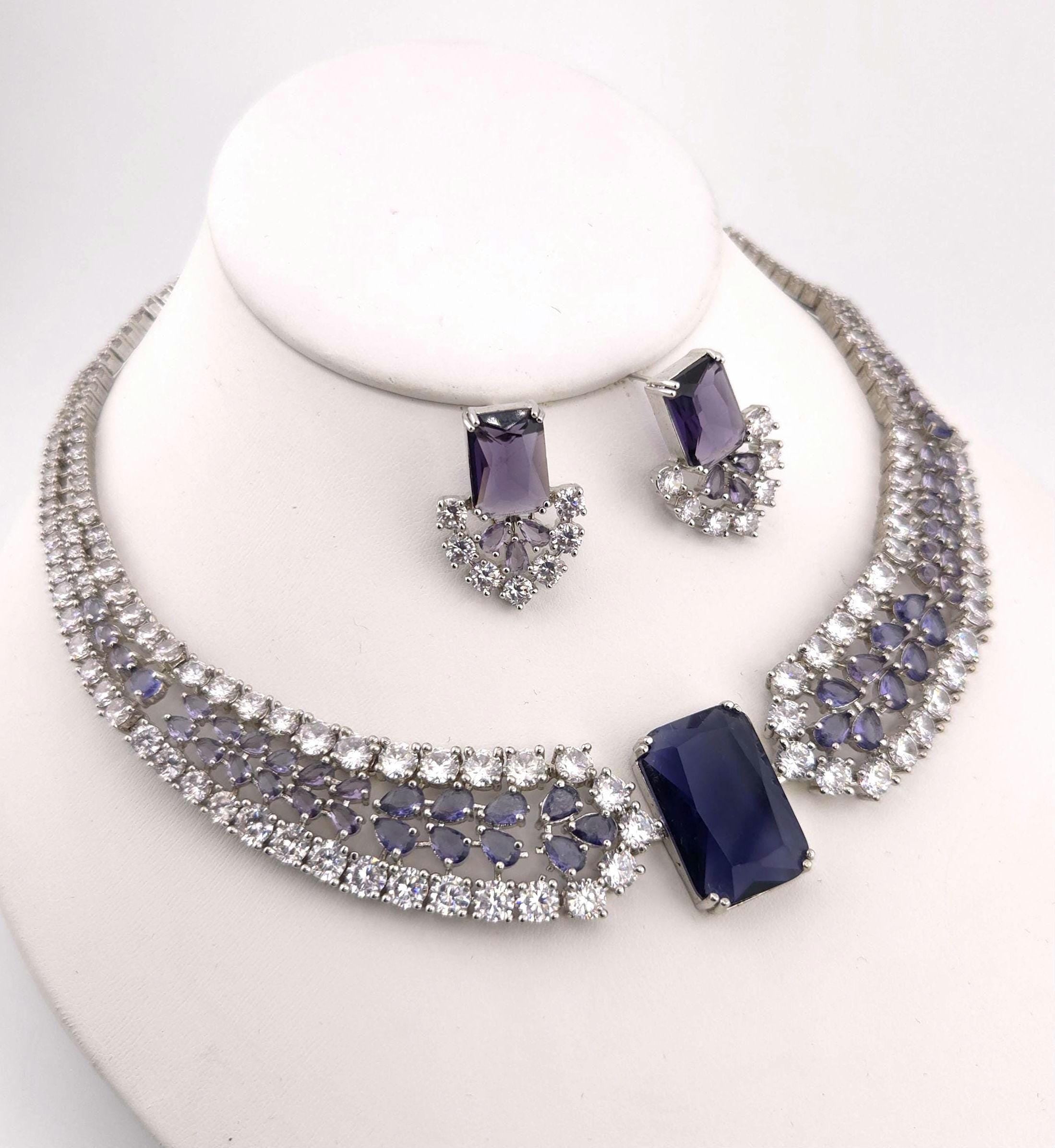 Ruby Red & Purple Emerald-Cut CZ Choker Necklace Set, Silver Bridal Statement Jewelry