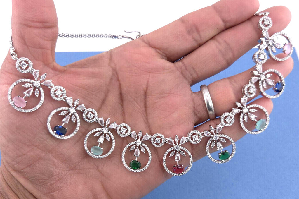 Statement CZ Necklace Set with Multi-Color Stones | Silver Plated Bridal Jewelry