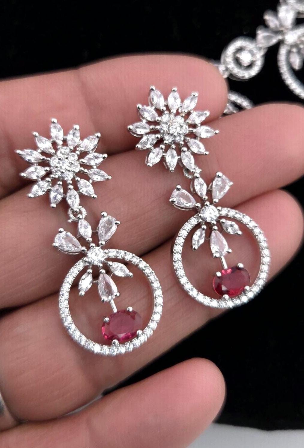 Statement CZ Necklace Set with Multi-Color Stones | Silver Plated Bridal Jewelry