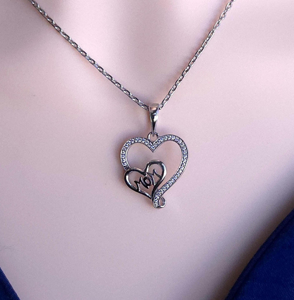 Sterling Silver Mom Heart Necklace with Cubic Zirconia, Minimalist Jewelry