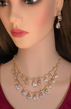 Gold Plated Layered Teardrop CZ Necklace Set with Earrings