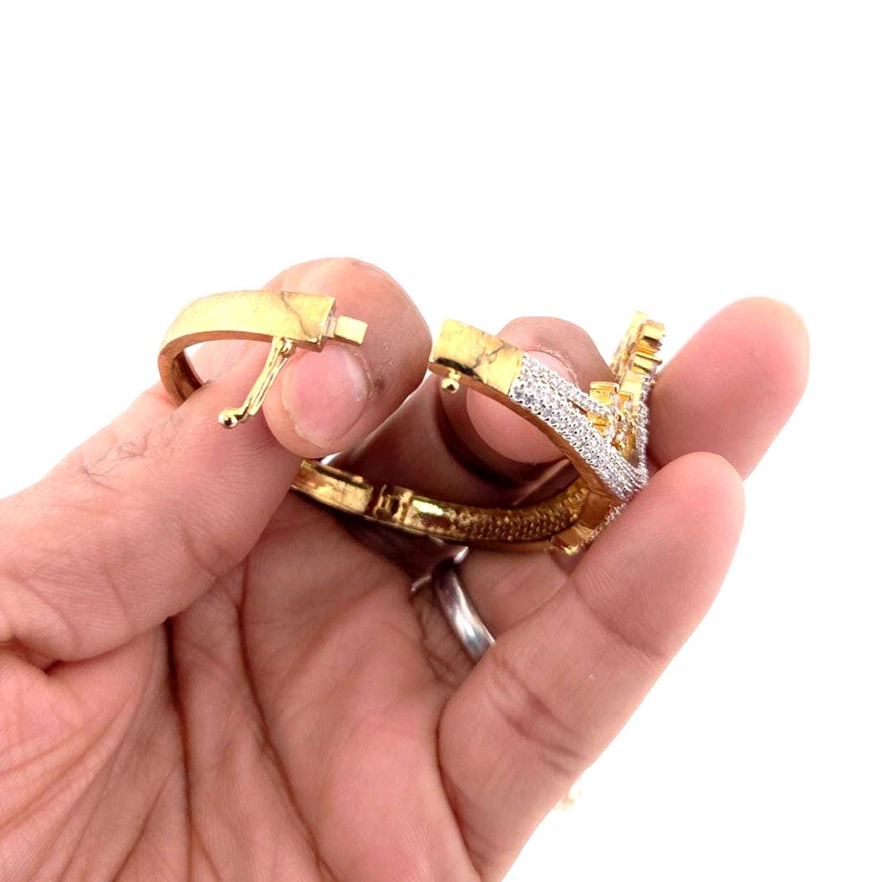 Gold Plated CZ Haath Phool – Indian Bridal Hand Jewelry, Adjustable Bracelet Ring Set