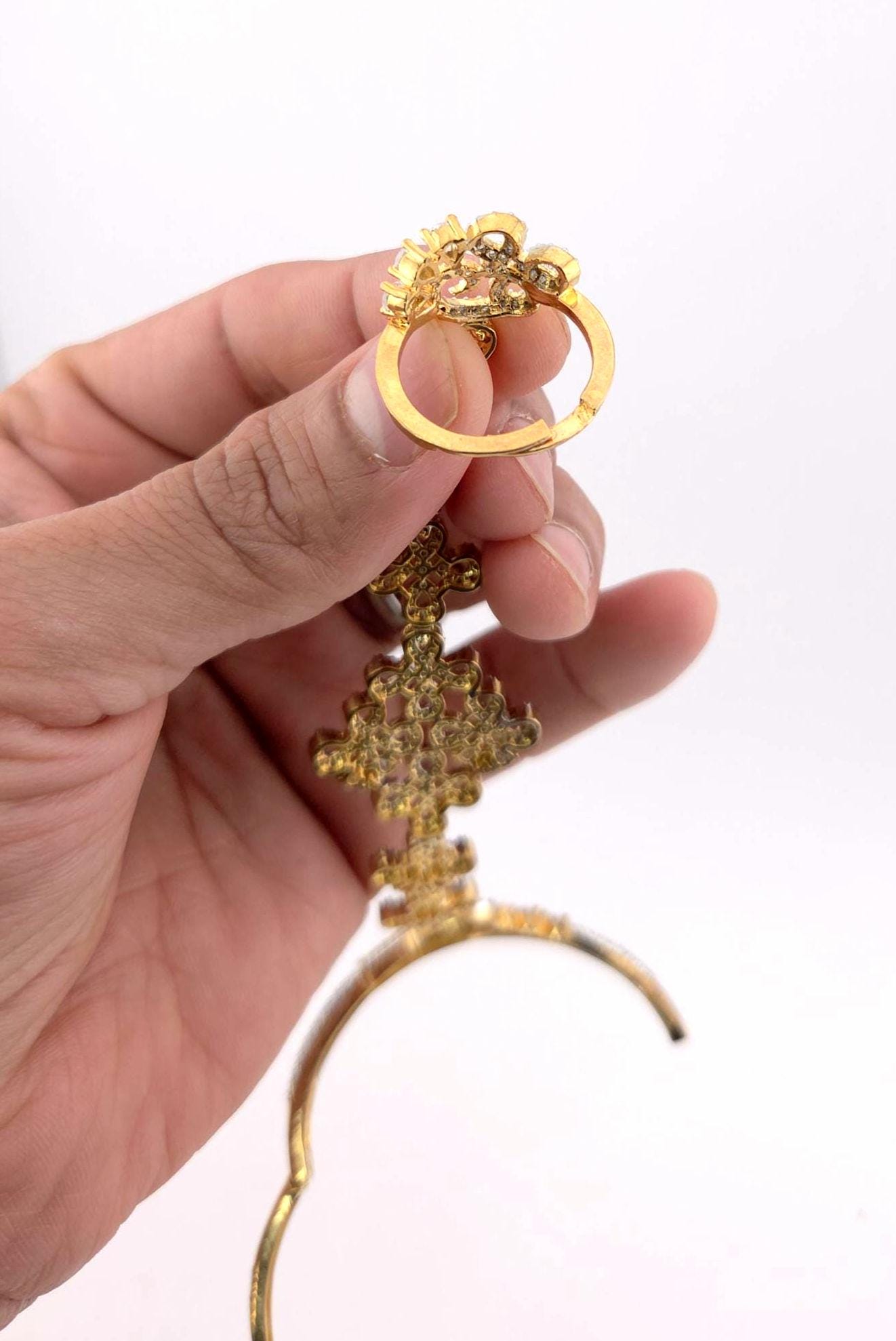 Gold Plated CZ Haath Phool – Indian Bridal Hand Jewelry, Adjustable Bracelet Ring Set