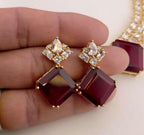 Red Stone CZ Bridal Choker Necklace Set | Gold Plated Wedding Jewelry with Earrings