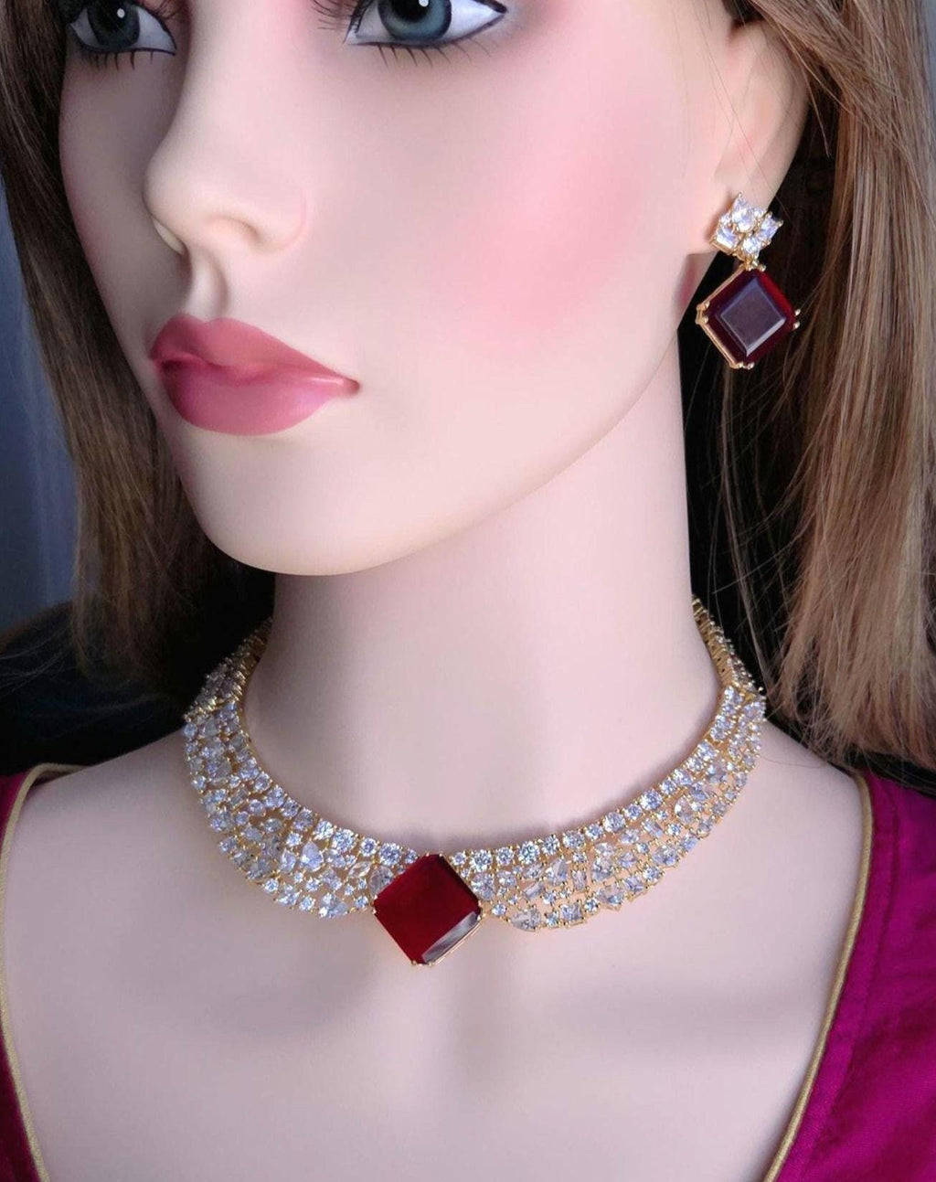 Red Stone CZ Bridal Choker Necklace Set | Gold Plated Wedding Jewelry with Earrings