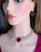 Red Stone CZ Bridal Choker Necklace Set | Gold Plated Wedding Jewelry with Earrings