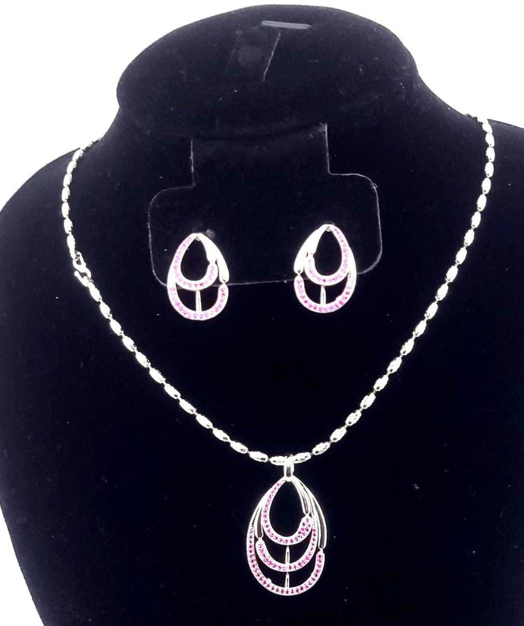 CZ Pendant Necklace & Earrings Set – Pink or Green Zirconia, Wedding Jewelry