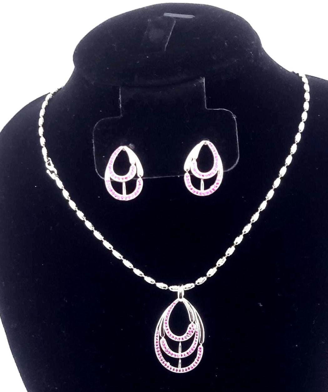 CZ Pendant Necklace & Earrings Set – Pink or Green Zirconia, Wedding Jewelry