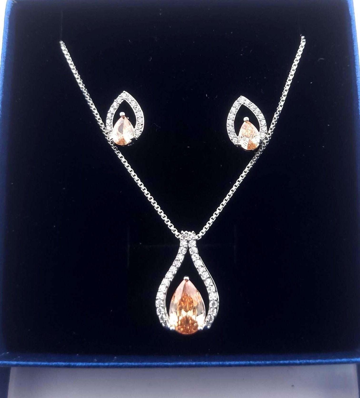 Teardrop CZ Pendant Necklace and Earrings Set, Silver-Tone Crystal Jewelry