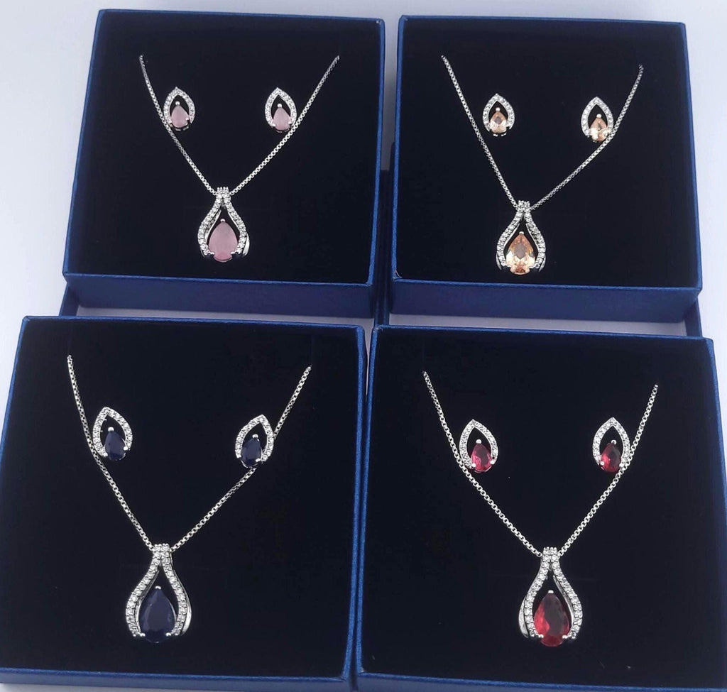 Teardrop CZ Pendant Necklace and Earrings Set, Silver-Tone Crystal Jewelry
