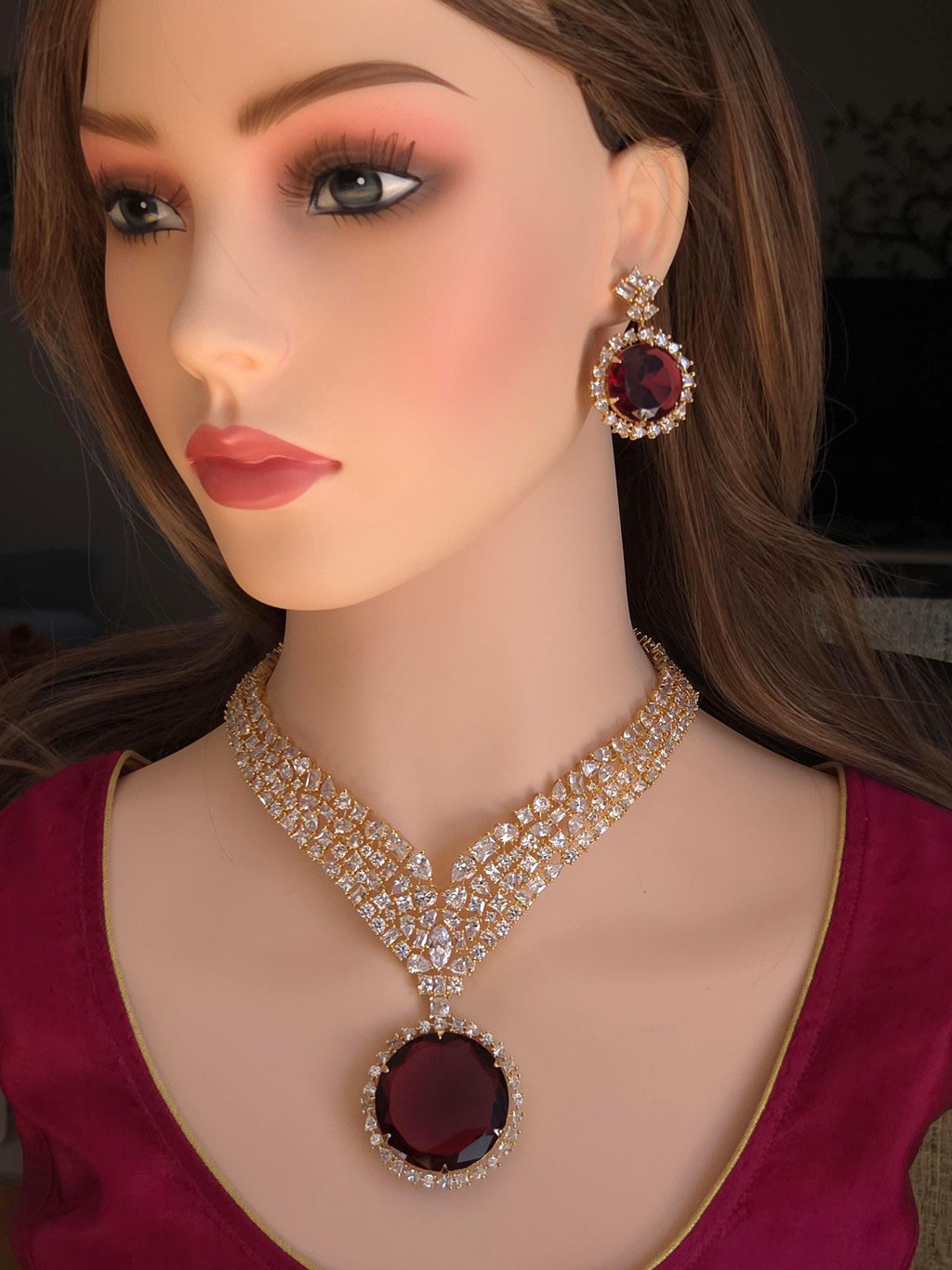 Ruby Red Stone CZ Choker Necklace Set – Gold Plated Indian Bridal Jewelry