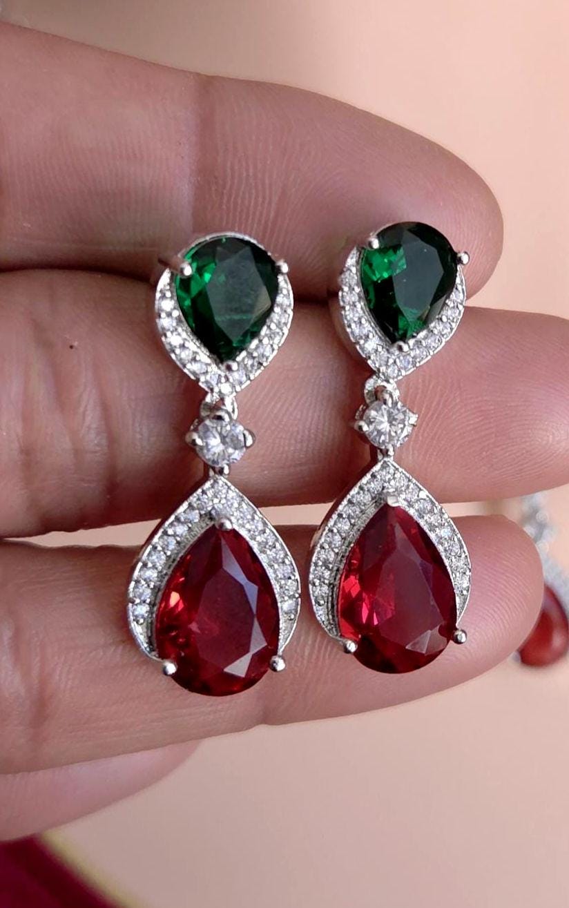 Silver Plated CZ Teardrop Necklace & Earrings Set – Bridal Wedding Jewelry, Multicolor, Green or Blue
